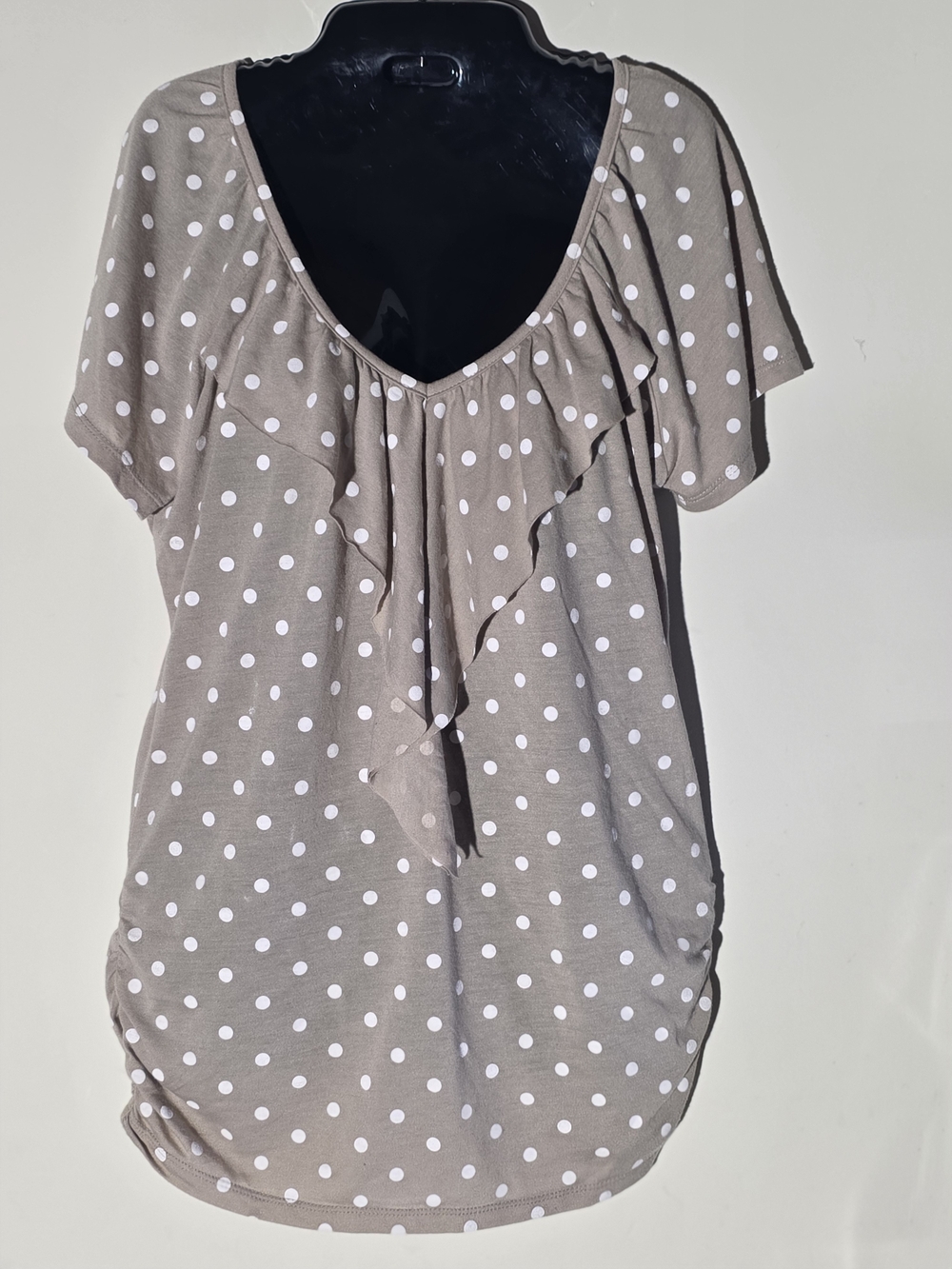 Lena Taupe Polka Dot Ruffle Scoop Neck Top (Size M)
